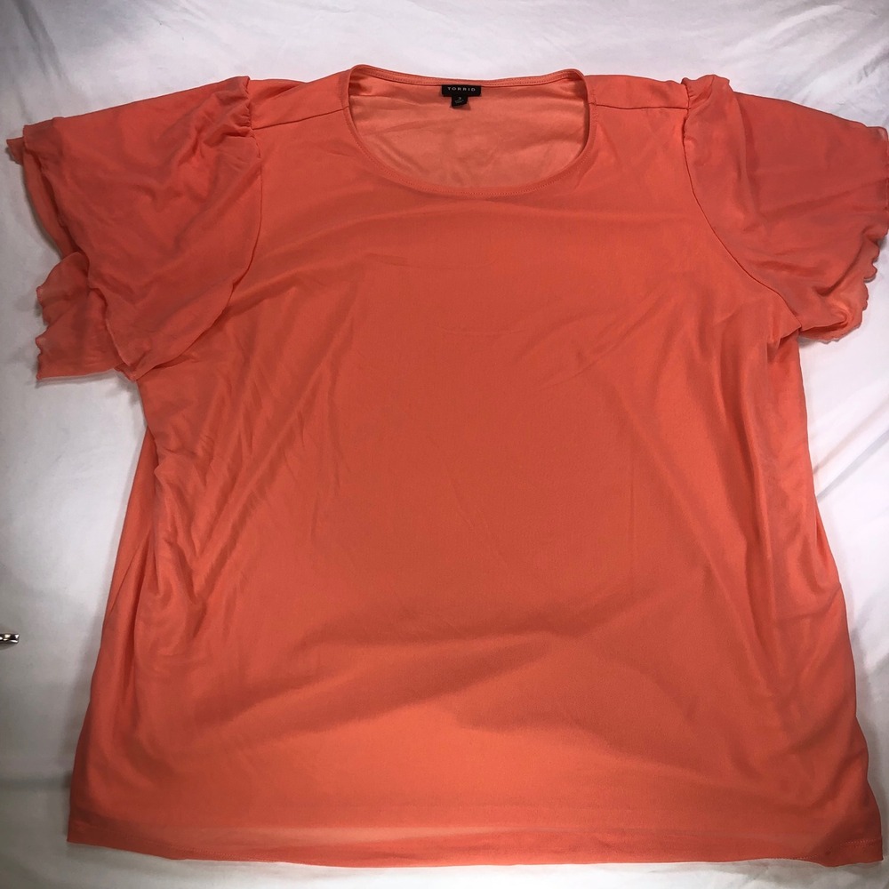 Torrid Coral Orange Mesh Flutter Sleeve‎ Blouse Plus Size 3 3X Scoop Neck Top